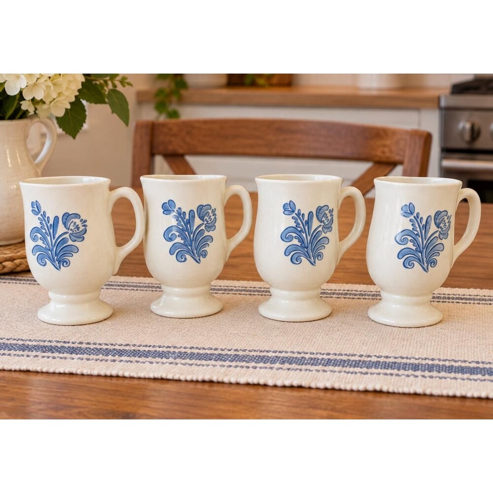 1970s Pfaltzgraff Yorktowne Coffee Mugs Set of 4 Blue Floral Footed Stoneware